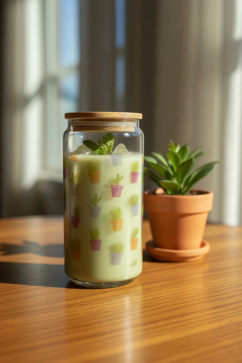 Cactus & Succulent Glass Can with Bamboo Lid & Straw