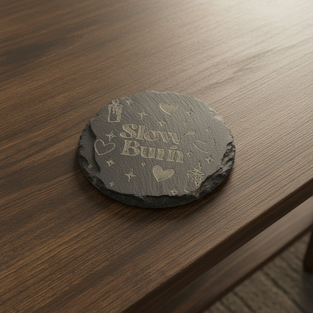Round slate coaster engraved with Slow Burn surrounded by hearts, stars and candle motifs