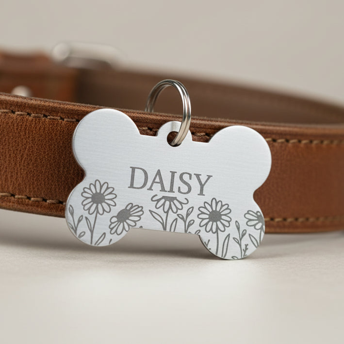 Personalised Engraved Bone Dog Tag – Floral Design