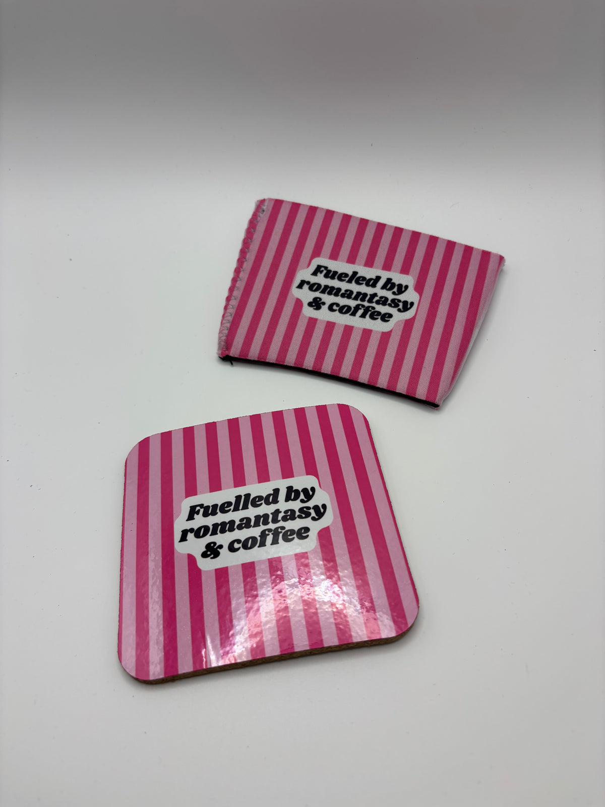 Fuelled by Romantasy & Coffee Cork Coaster – Pink Stripes