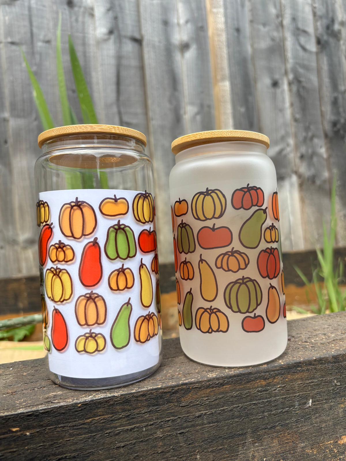 Autumn Pumpkin Colourful Glass Can - frosted and clear variants with bamboo lid