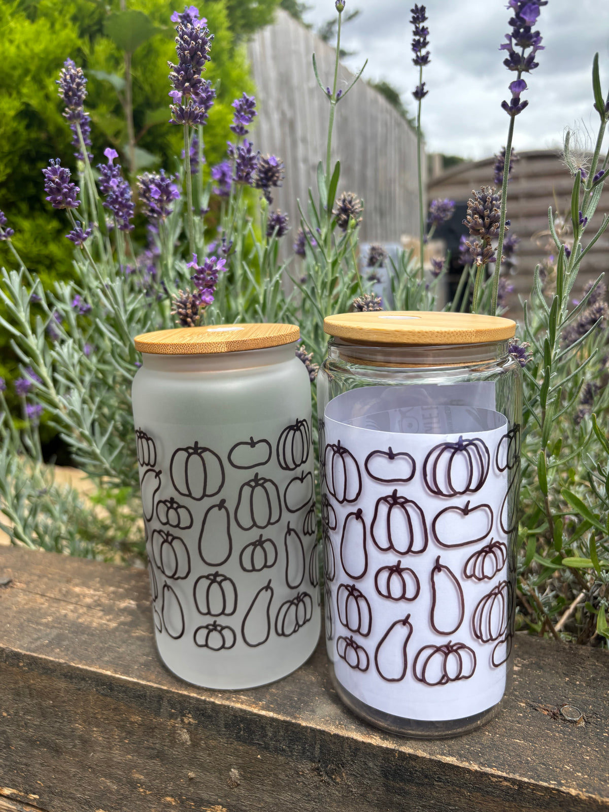 Autumn Pumpkin Outline Glass Can - frosted and clear variants with bamboo lid