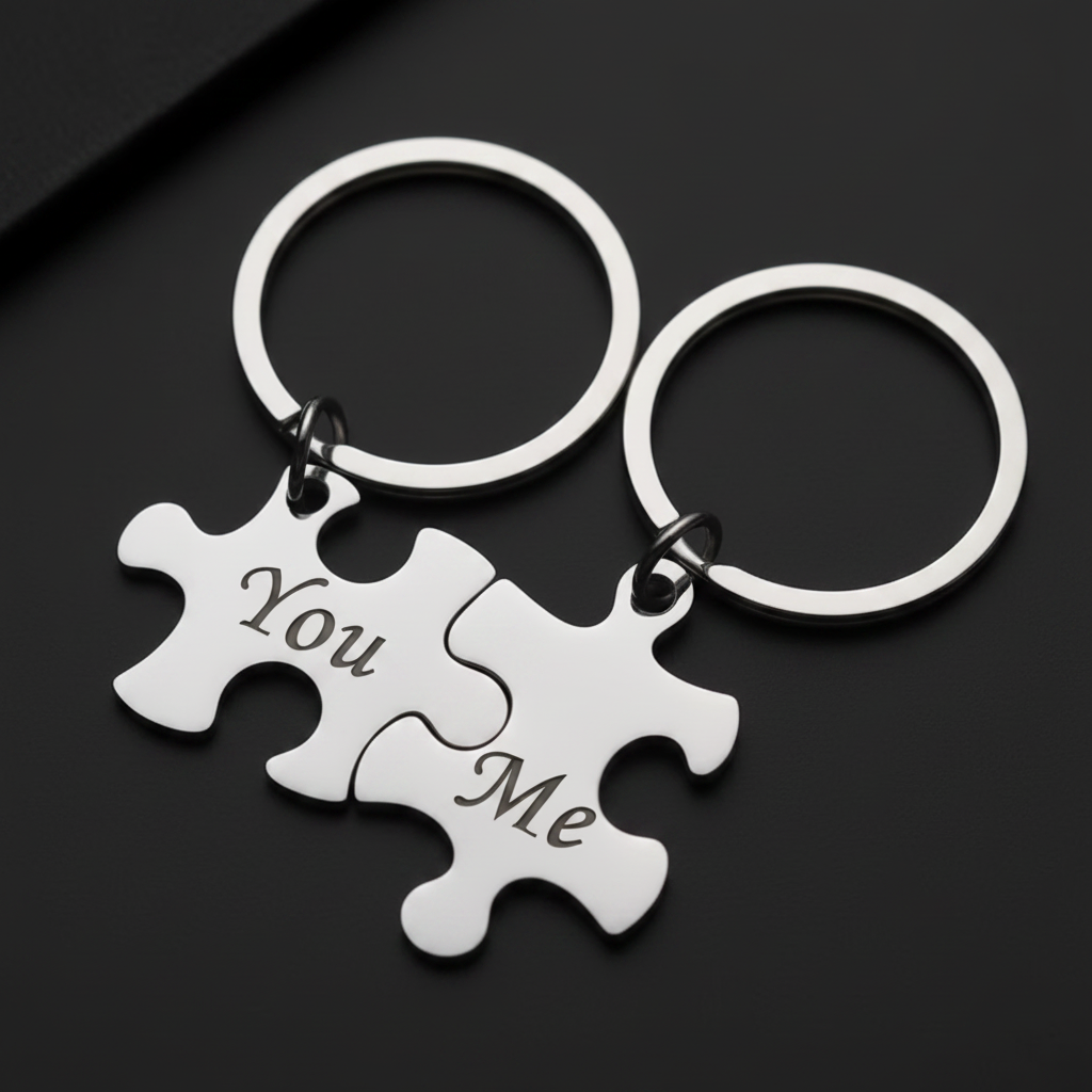 Personalised Engraved Puzzle Piece Pair Keyrings - Stainless Steel
