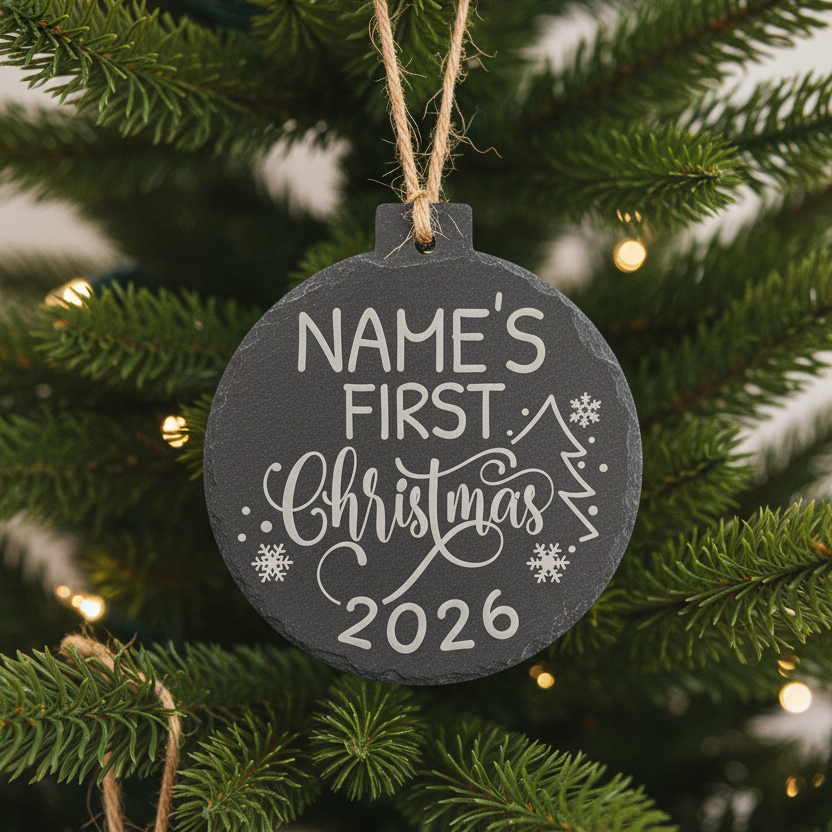 Personalised First Christmas Engraved Slate Bauble 2026