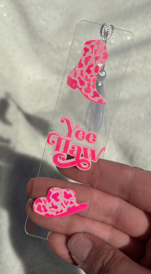 Pink Cowgirl Acrylic Bookmark – “Yee Haw” Design with Western Boots – Fun Gift for Book Lovers & Y2K Aesthetic Readers
