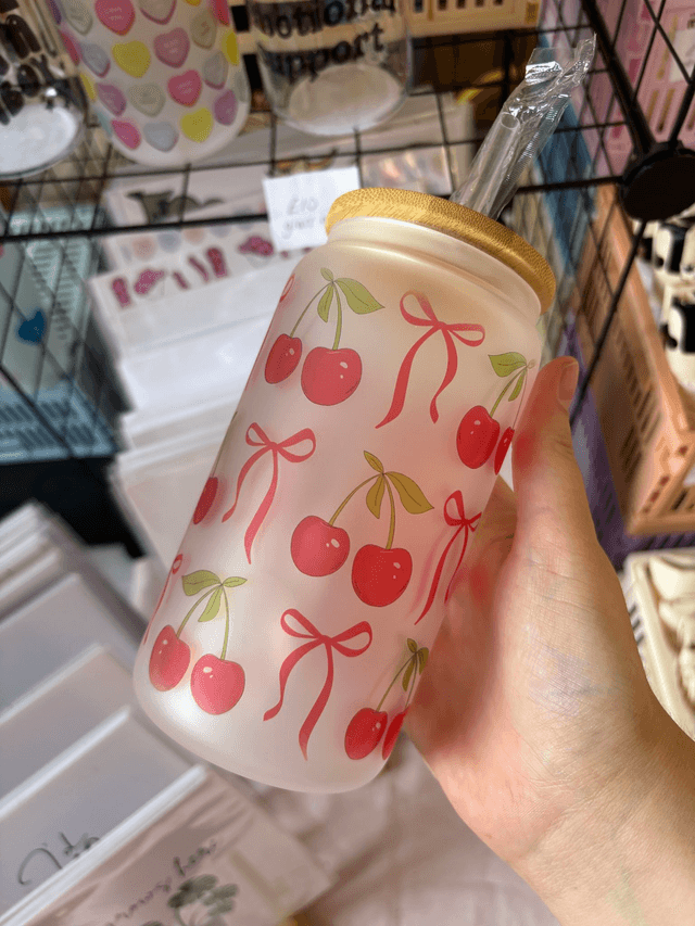 Cherry Sweetheart - Glass Tumbler with Bamboo Lid and Reusable Straw