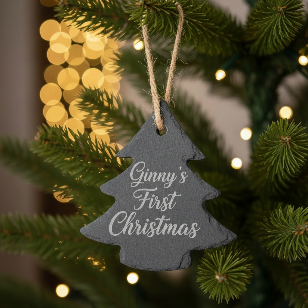 Slate Christmas tree bauble with jute twine hanger