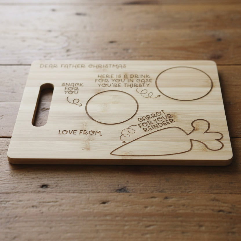 Personalised engraved bamboo Father Christmas Eve board with spaces for snack, drink and carrot for reindeer