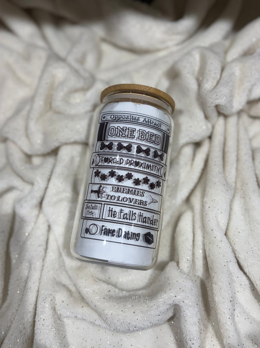 Romance Tropes Book Stack Glass Can with Bamboo Lid and Straw