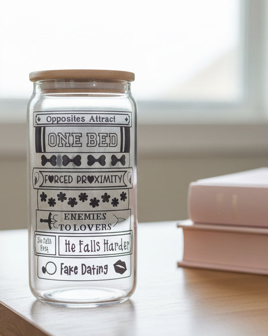 Romance Tropes Book Stack Glass Can with Bamboo Lid and Straw