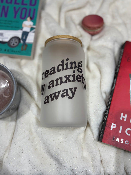 Reading My Anxiety Away Glass Can with Bamboo Lid and Straw