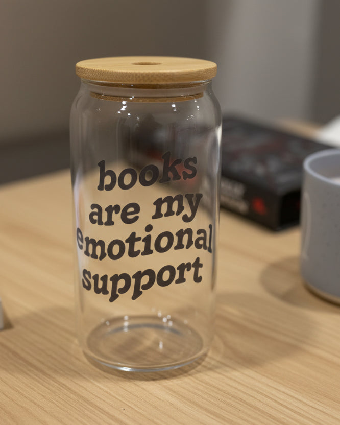 Books are my Emotional Support - Glass Can with Bamboo Lid and Straw