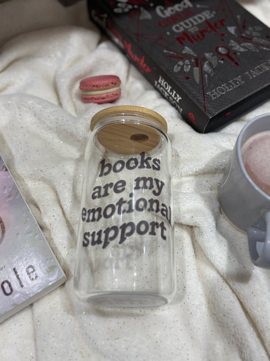 Books are my Emotional Support - Glass Can with Bamboo Lid and Straw