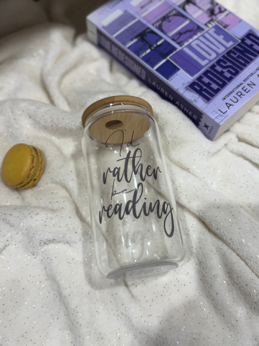 I'd Rather Be Reading Glass Can with Bamboo Lid & Plastic Straw