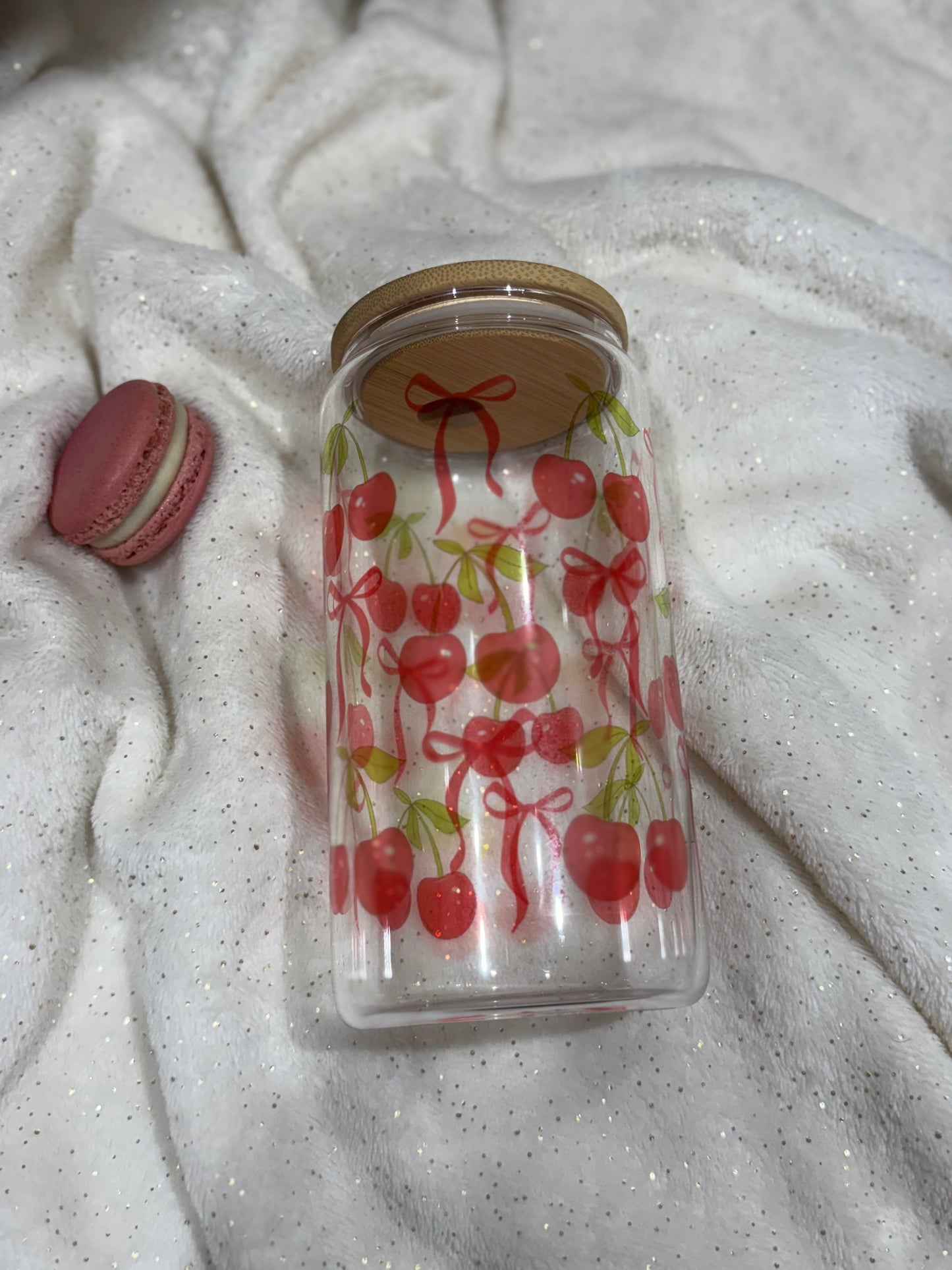 Cherry & Bow Glass Can - Sublimated Glass Tumbler