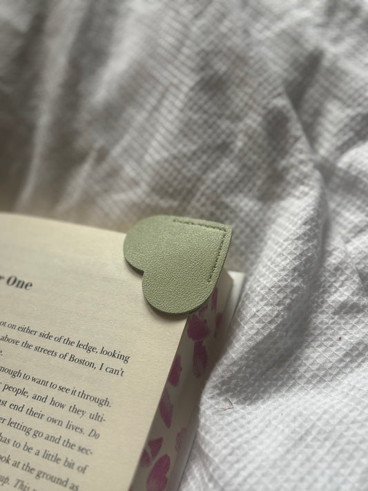 Custom Engraved Leather Heart Bookmark - Sage Green