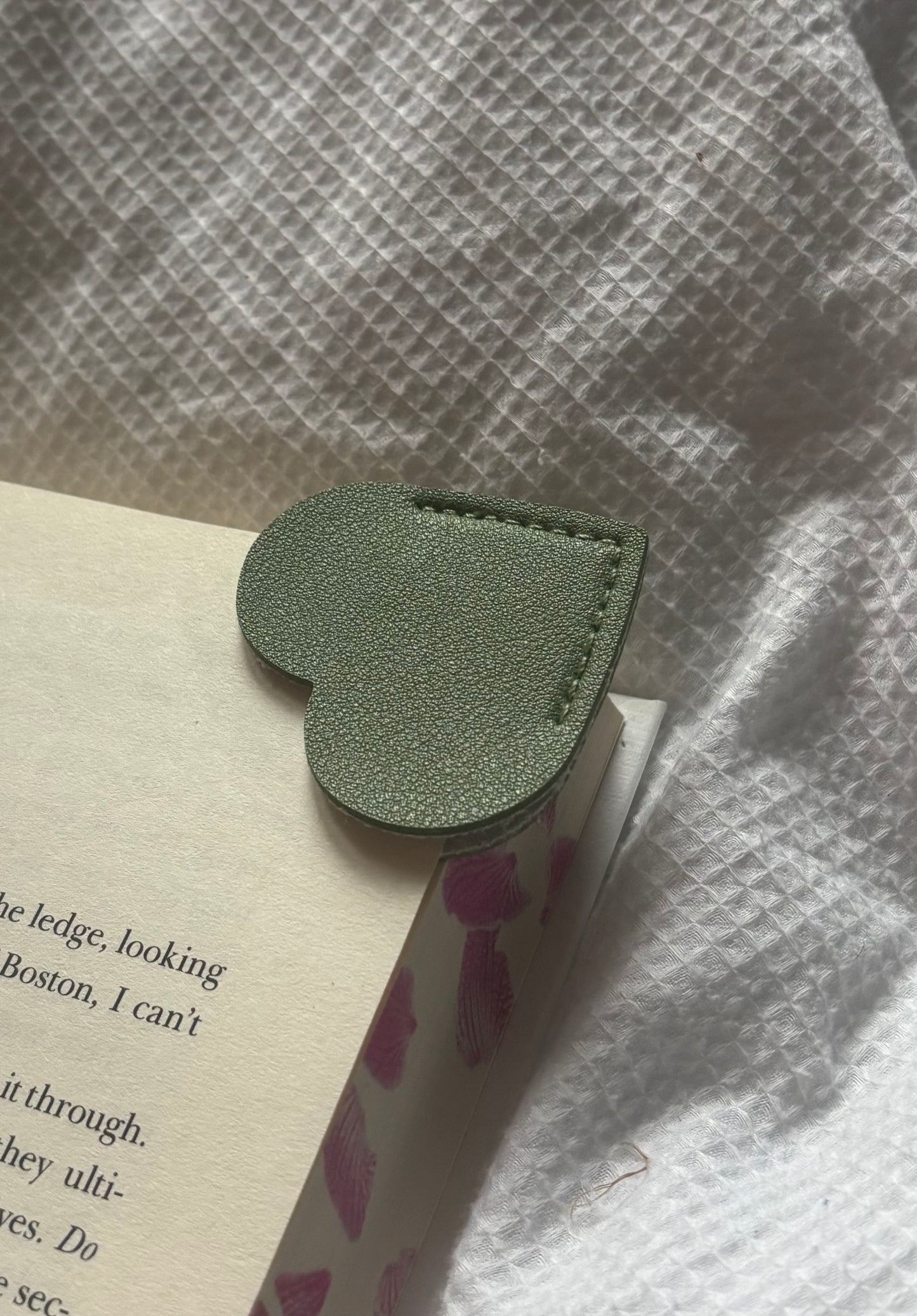 Custom Engraved Leather Heart Bookmark - Olive Green