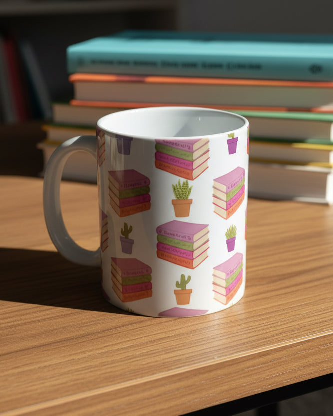 Book Stack Tropes & Plants Pattern Mug