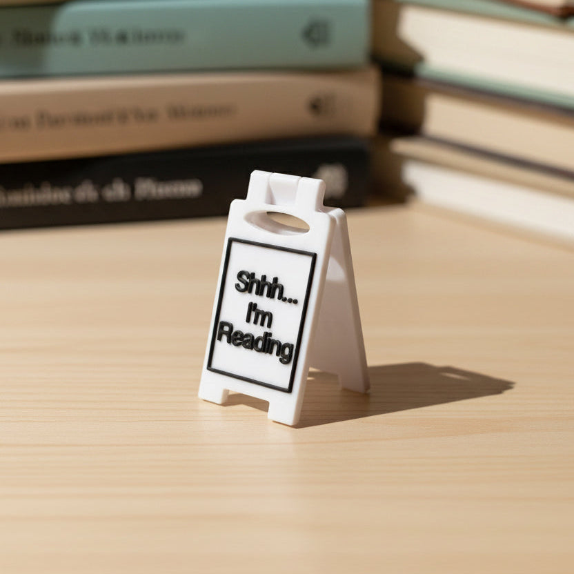 White 3D printed mini A-frame sign reading Shhh... I'm Reading in black text