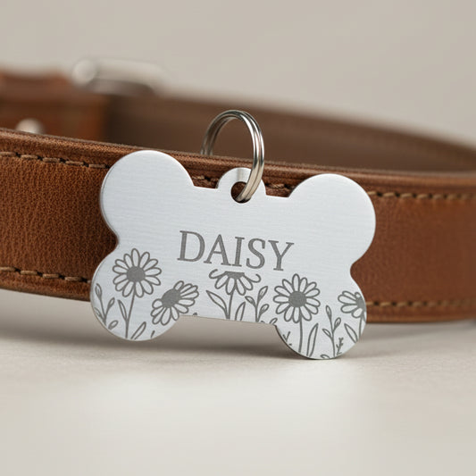 Personalised Engraved Bone Dog Tag – Floral Design