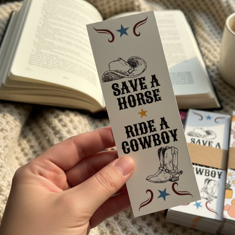 Western card bookmark reading Save a Horse Ride a Cowboy with cowboy hat and boot illustrations