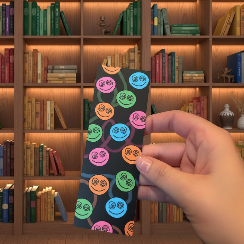 Black card bookmark with colourful pink blue green and orange spiral-eyed smiley faces inspired by Harry Styles Together Together Tour