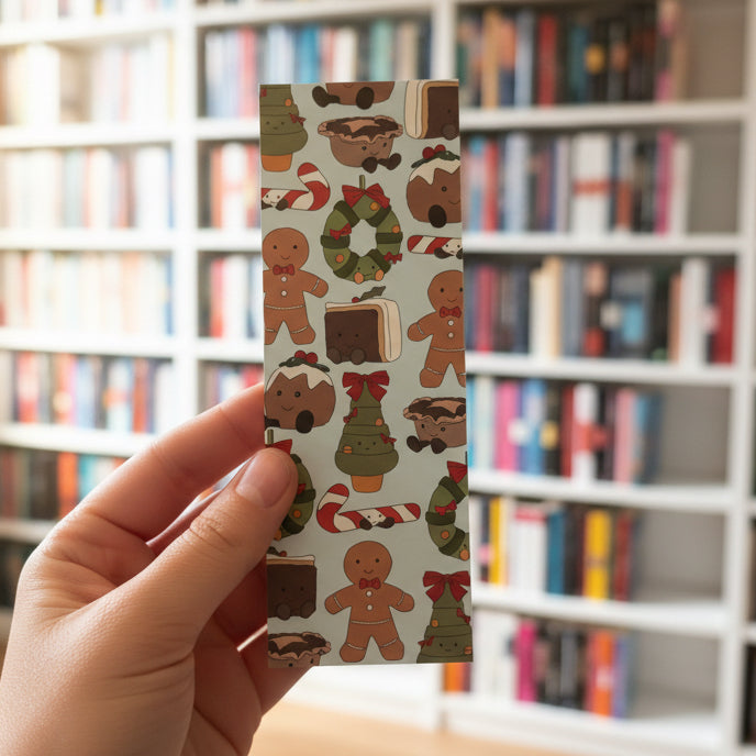 Festive Christmas card bookmark with gingerbread characters, Christmas trees, wreaths and candy canes in a cute Jellycat-inspired style