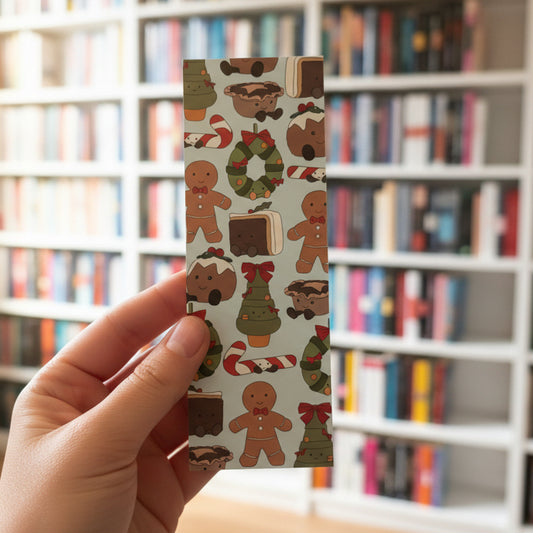 Festive Christmas card bookmark with gingerbread characters, Christmas trees, wreaths and candy canes in a cute Jellycat-inspired style