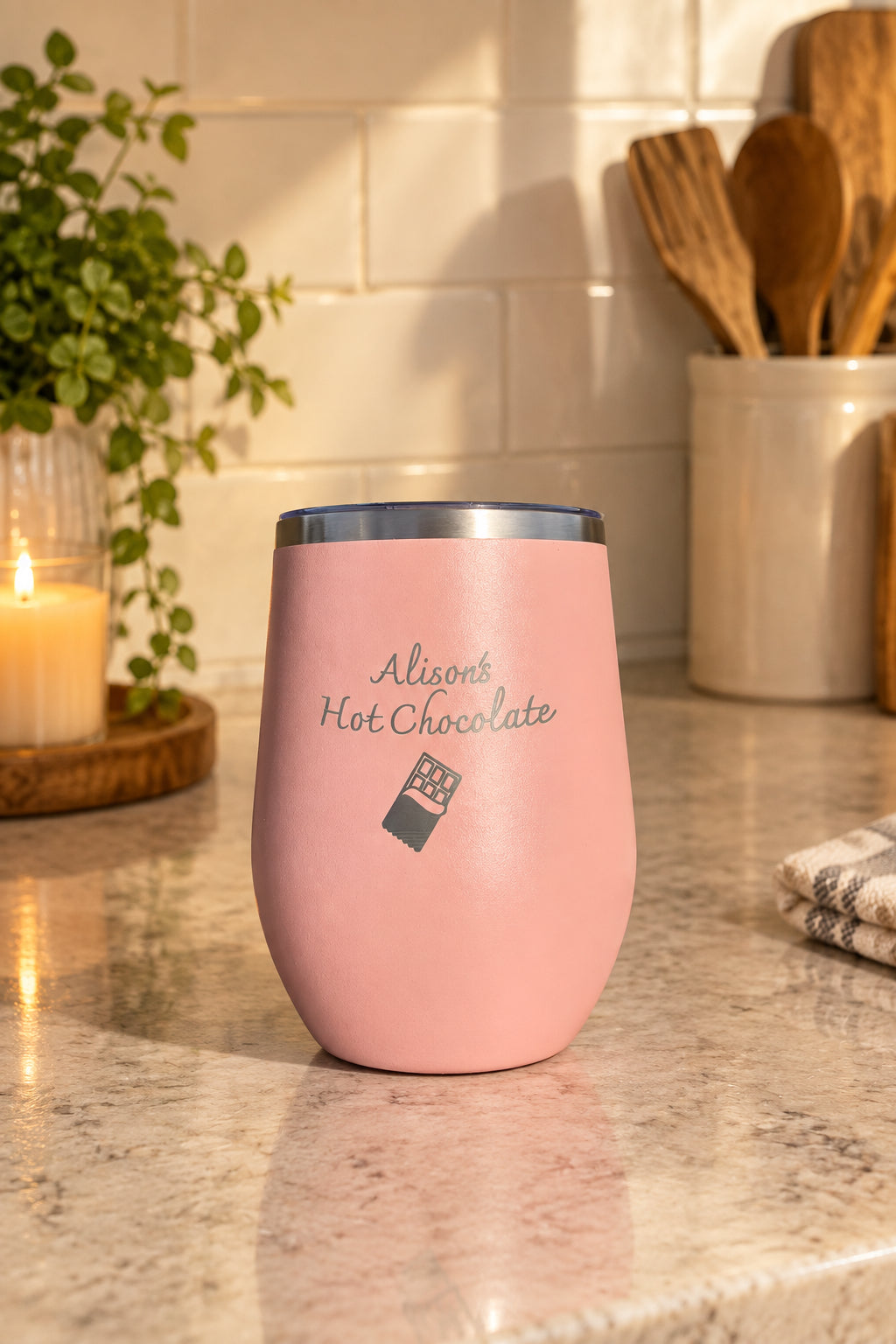 Custom Engraved Pink Tumbler with Lid
