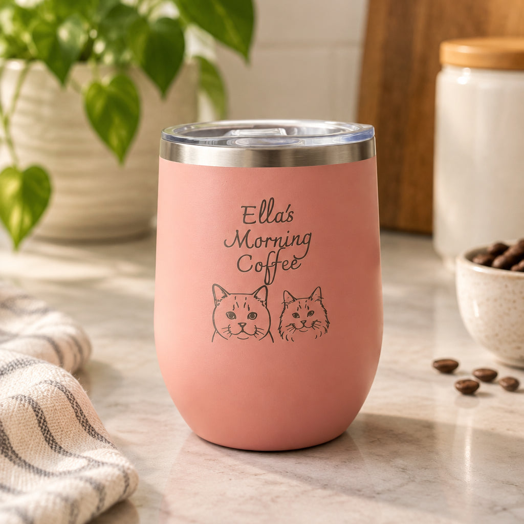 Pink stainless steel tumbler in a stemless wine glass shape with a clear sliding lid, engraved with the words Ella's Morning Coffee and two cat face drawings.
