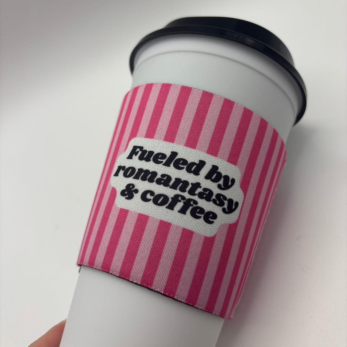 Fueled by Romantasy & Coffee Cup Cozy – Pink Stripes