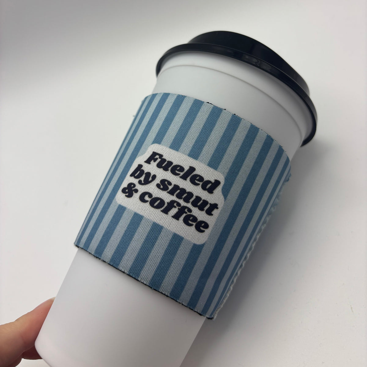 Fueled by Smut & Coffee Cup Cozy – Blue Stripes