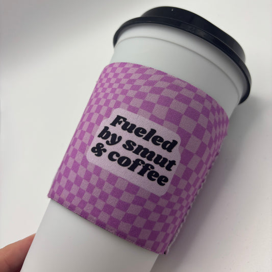 Fueled by Smut & Coffee Cup Cozy – Purple Checkerboard