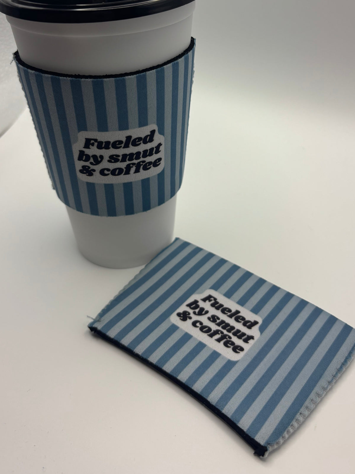 Fueled by Smut & Coffee Cup Cozy – Blue Stripes