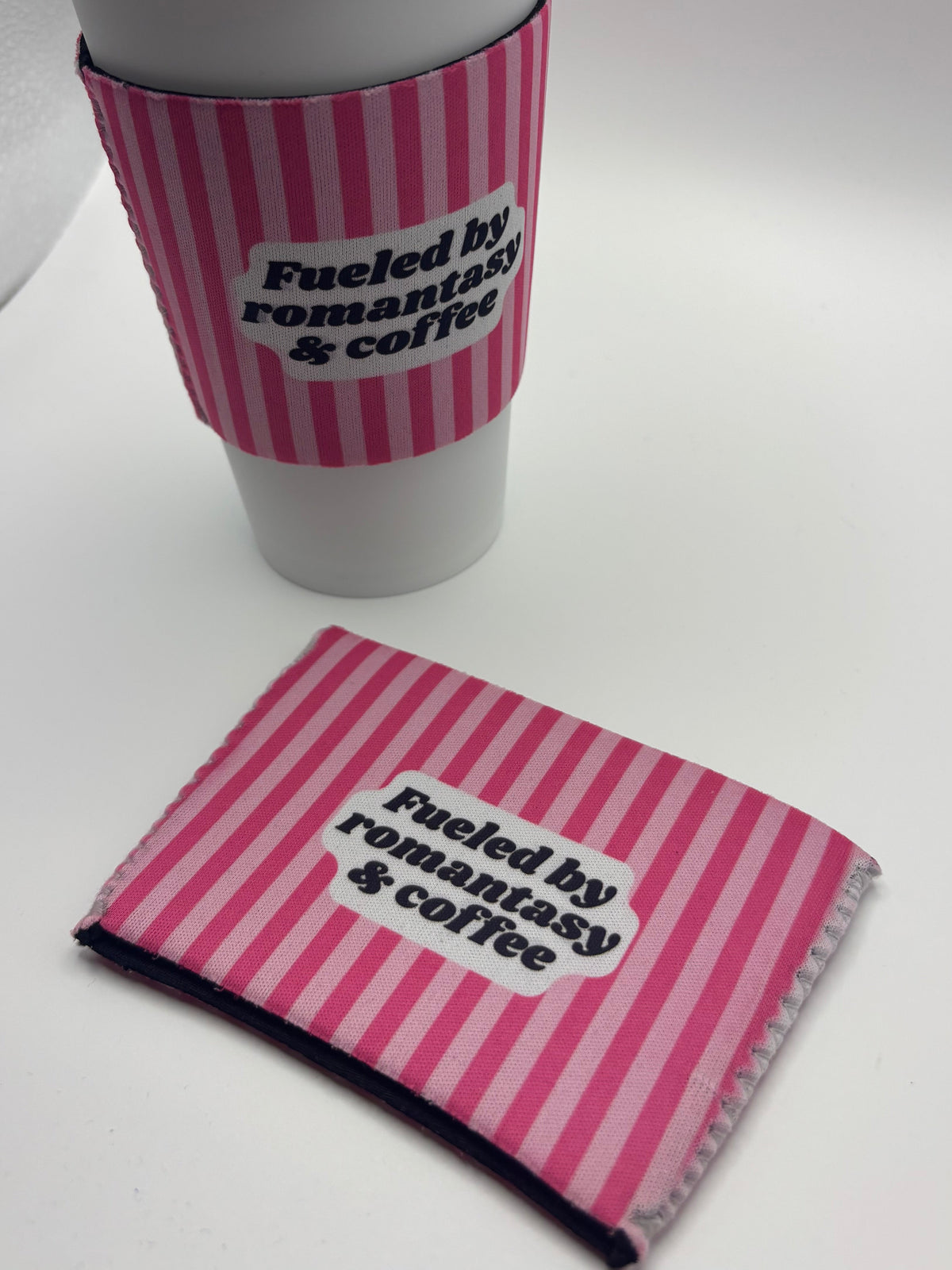 Fueled by Romantasy & Coffee Cup Cozy – Pink Stripes