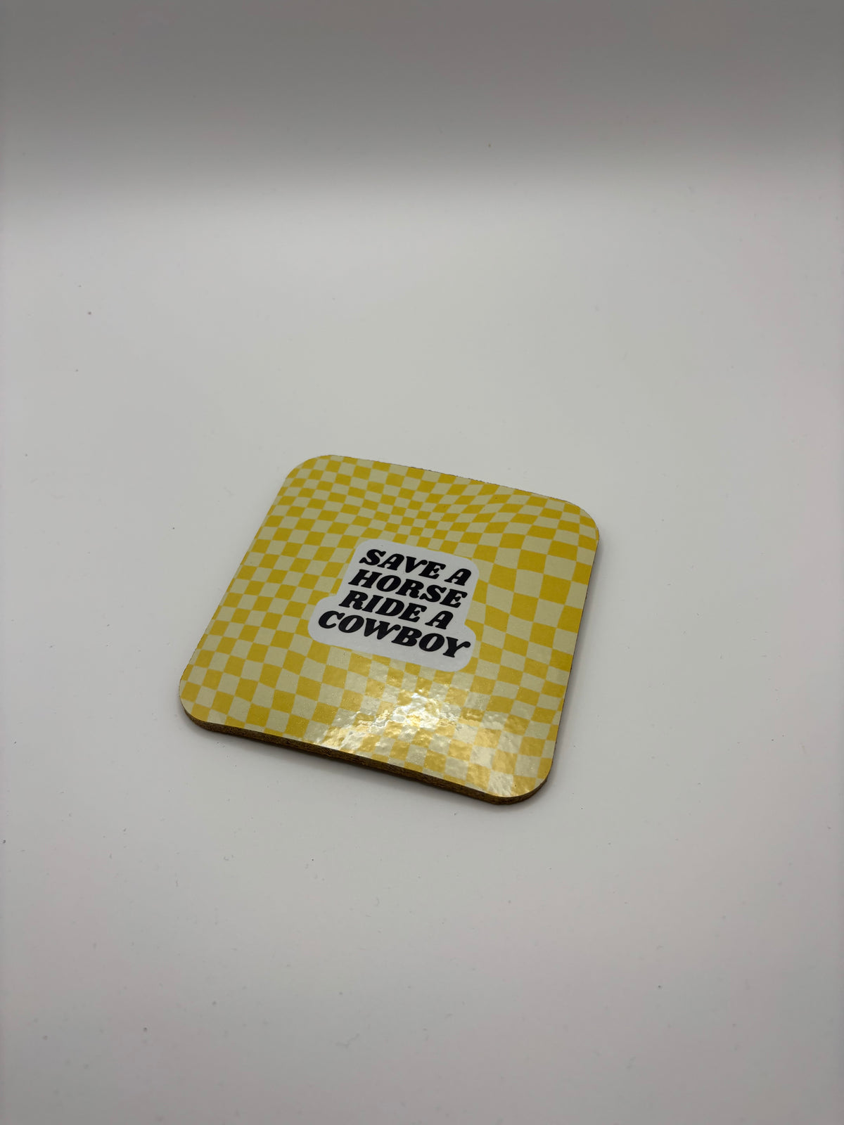 Save a Horse Ride a Cowboy Cork Coaster – Yellow Checkerboard