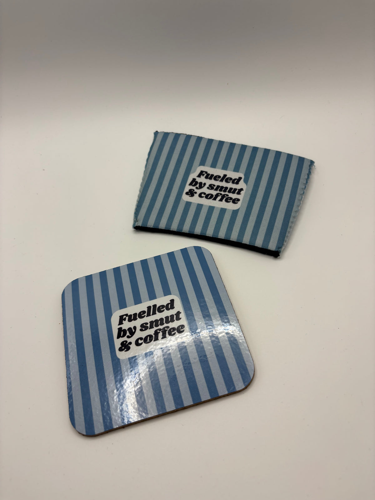 Fuelled by Smut & Coffee Cork Coaster – Blue Stripes