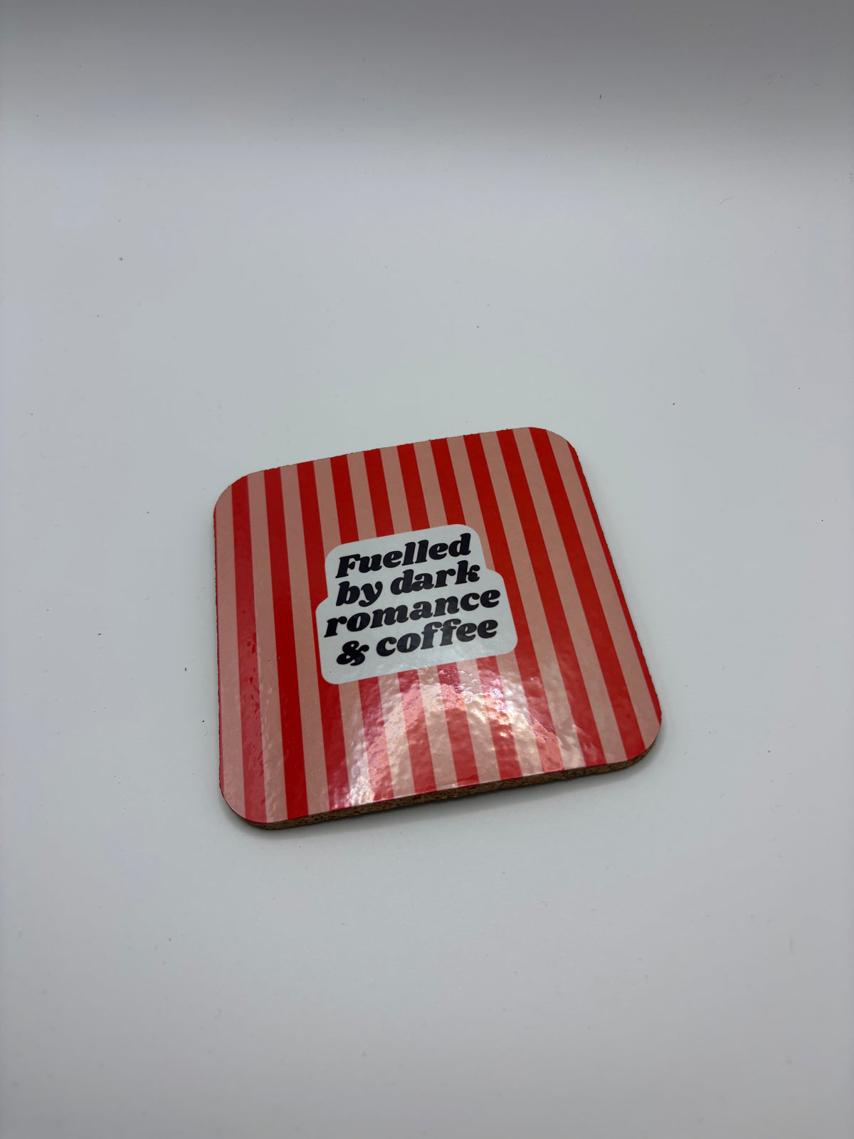 Fuelled by Dark Romance & Coffee Cork Coaster – Red Stripes