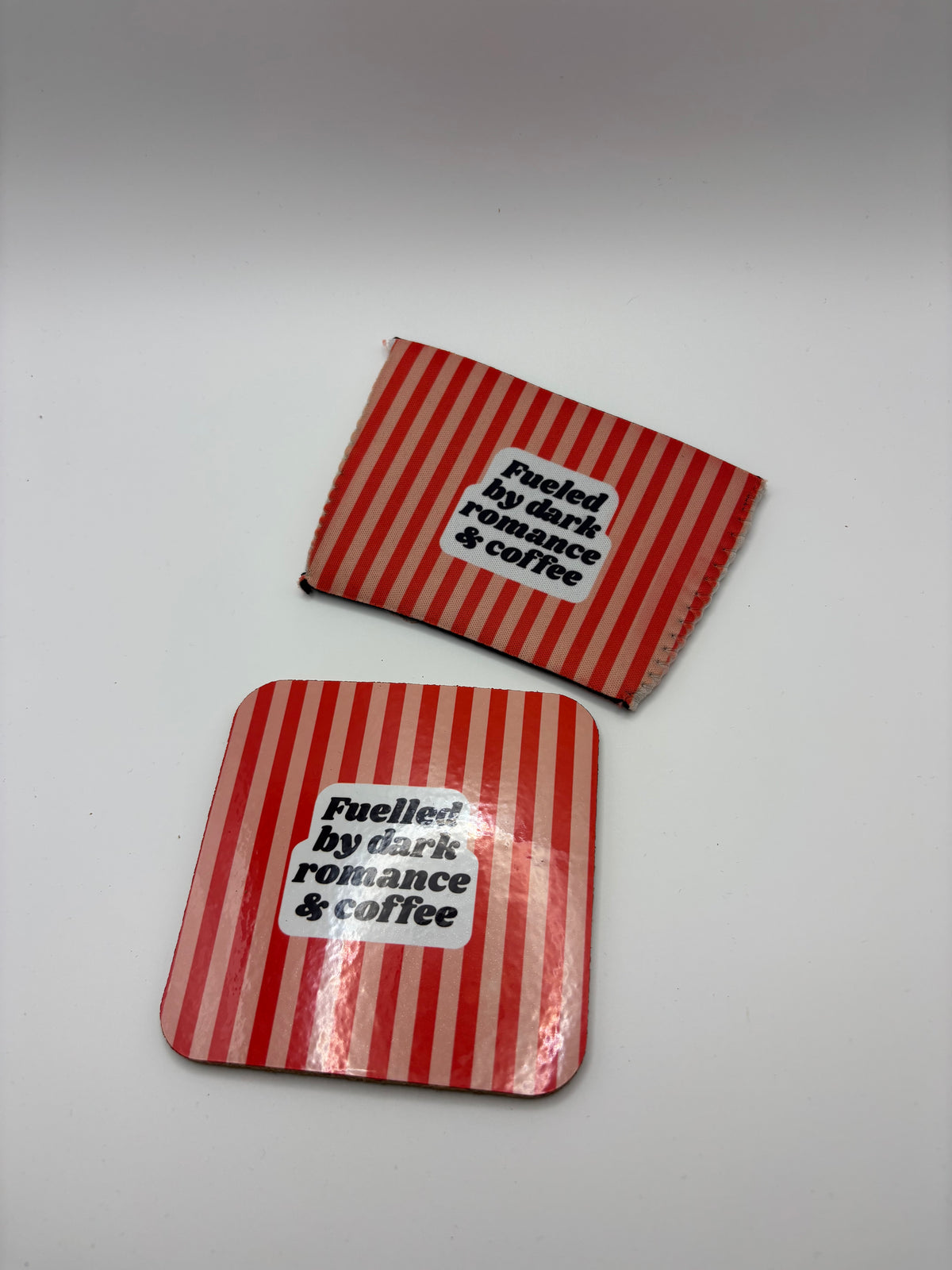 Fuelled by Dark Romance & Coffee Cork Coaster – Red Stripes