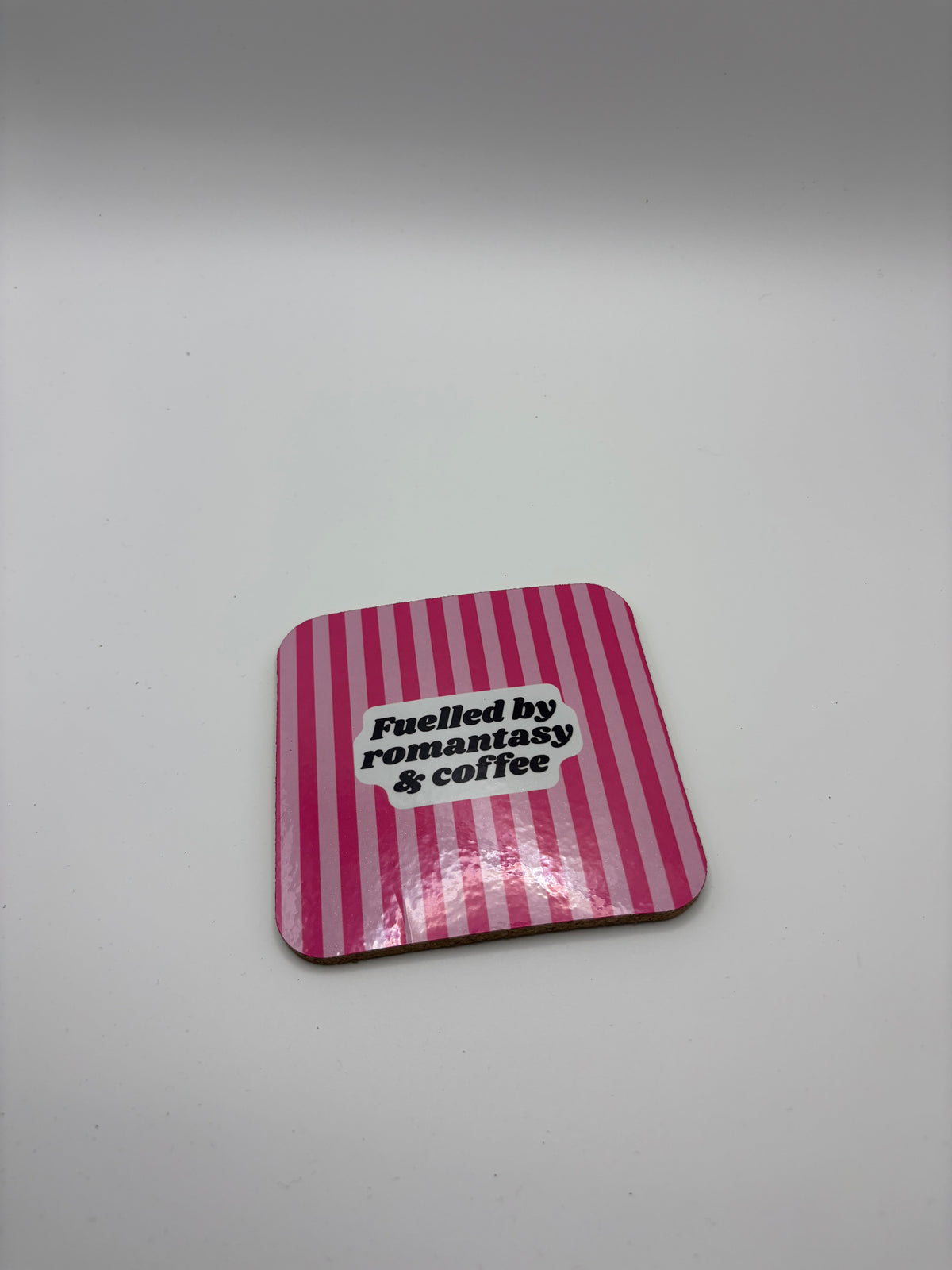 Fuelled by Romantasy & Coffee Cork Coaster – Pink Stripes