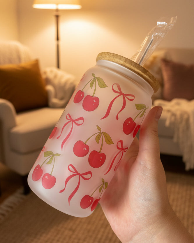 Cherry & Bow Glass Can - Sublimated Glass Tumbler