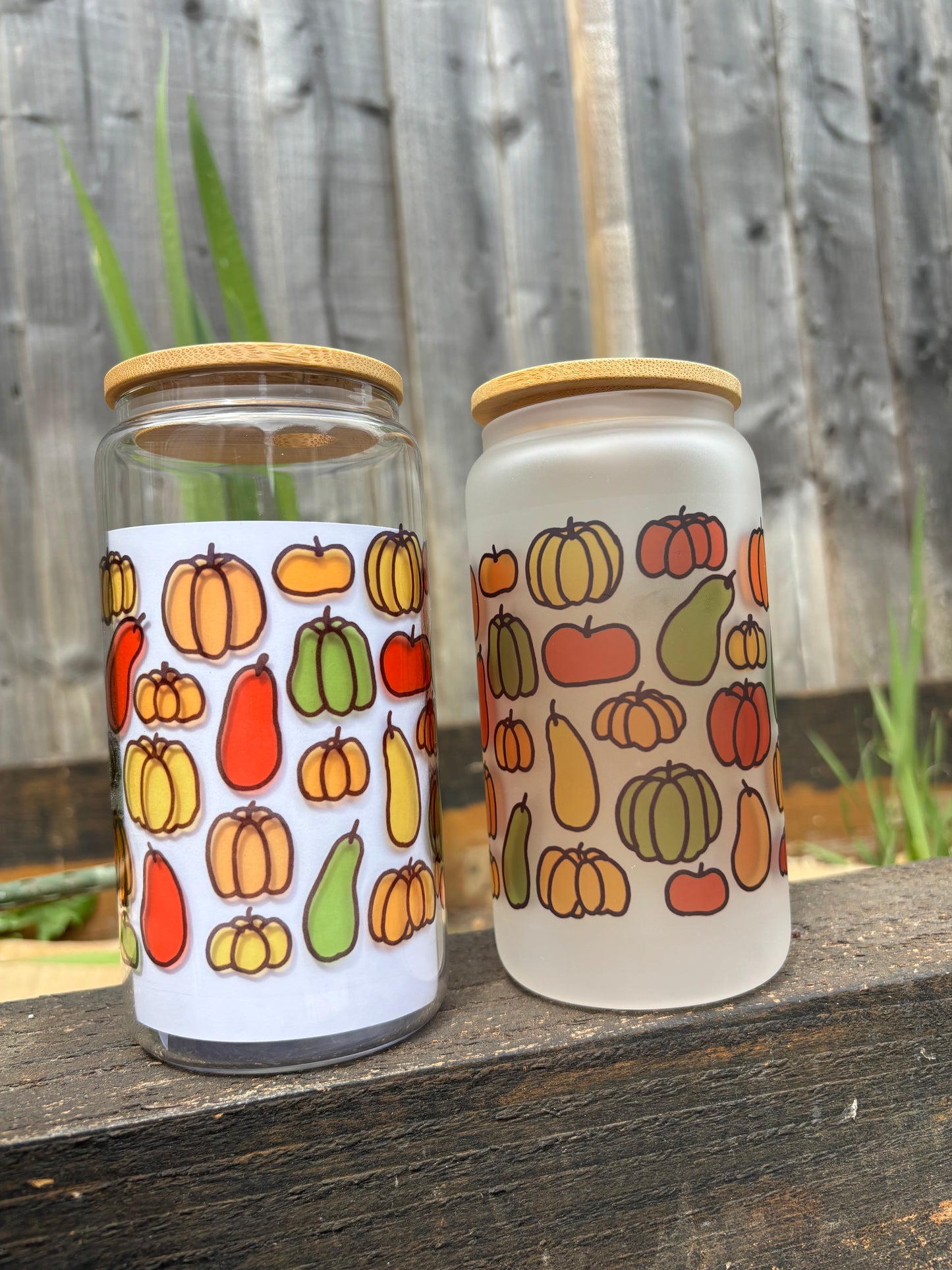 Autumn Pumpkin Colourful Glass Can - frosted and clear variants with bamboo lid