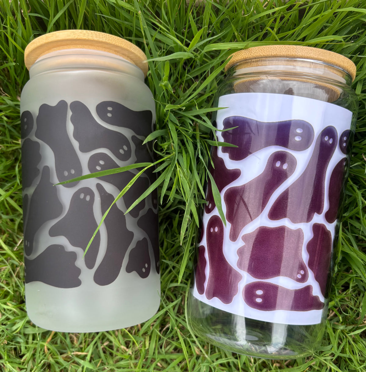 Halloween Ghost Glass Can - frosted and clear variants with bamboo lid