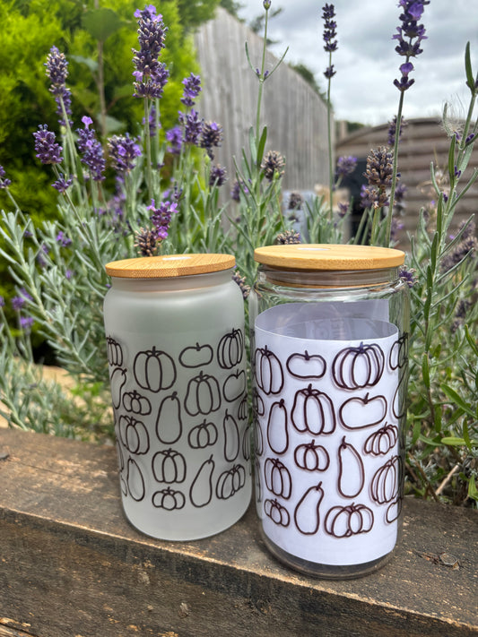 Autumn Pumpkin Outline Glass Can - frosted and clear variants with bamboo lid