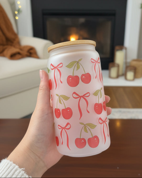 Cherry & Bow Glass Can - Sublimated Glass Tumbler
