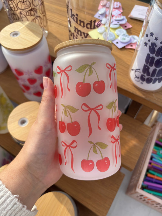 Cherry & Bow Glass Can - Sublimated Glass Tumbler