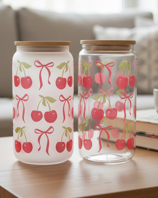 Cherry & Bow Glass Can - Sublimated Glass Tumbler