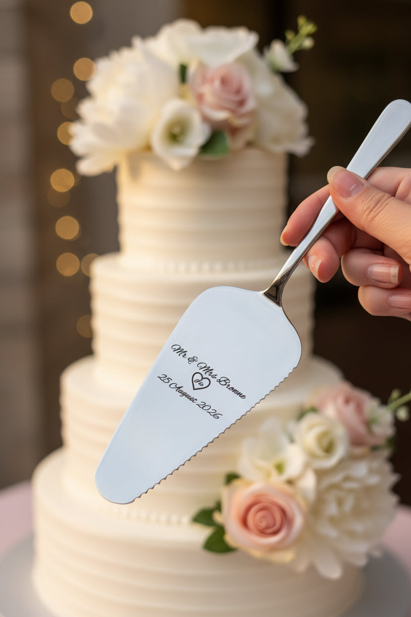 Personalised engraved stainless steel cake slice with wedding names and date
