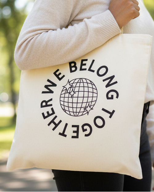 Logo with a disco ball and text 'WE BELONG TOGETHER' encircling it on a white background