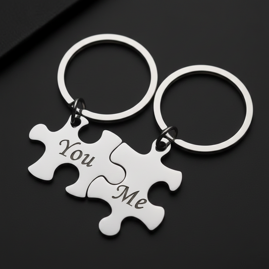 Personalised Engraved Puzzle Piece Pair Keyrings - Stainless Steel